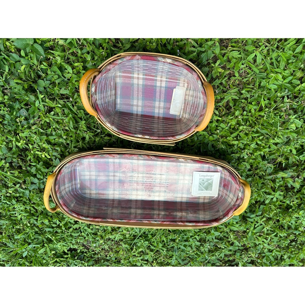 Longaberger Baskets Set of 2 Plaid Liner Plastic Protector Leather Handles Leaf
